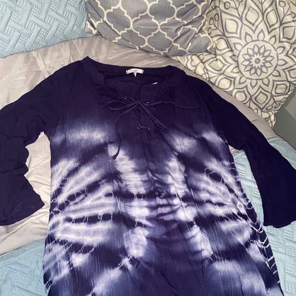 Ava James bell sleeve hi lo tunic Lace up neckline Tie dyed navy and white large - Picture 7 of 15